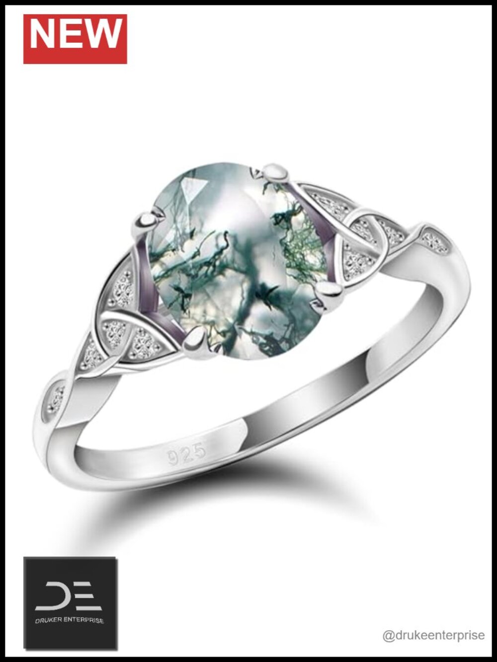 Sterling Silver Celtic Knot Ring Natural Moss Agate Engagement Ring Women